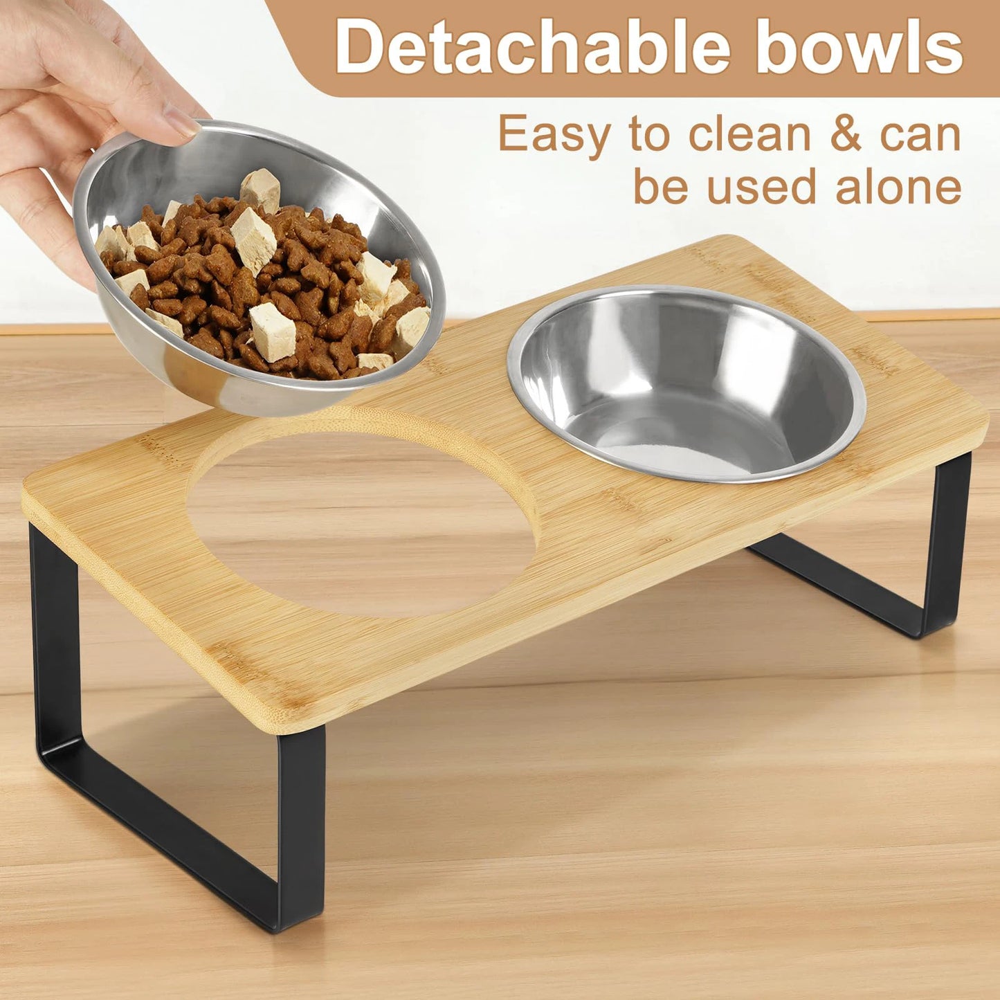 Elevated Cat Bowls Pet Feeder 15° Tilted Raised Cat Food Bowls with Wooden Stand 2 Stainless Steel Bowls for Cats and Puppy