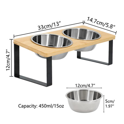 Elevated Cat Bowls Pet Feeder 15° Tilted Raised Cat Food Bowls with Wooden Stand 2 Stainless Steel Bowls for Cats and Puppy